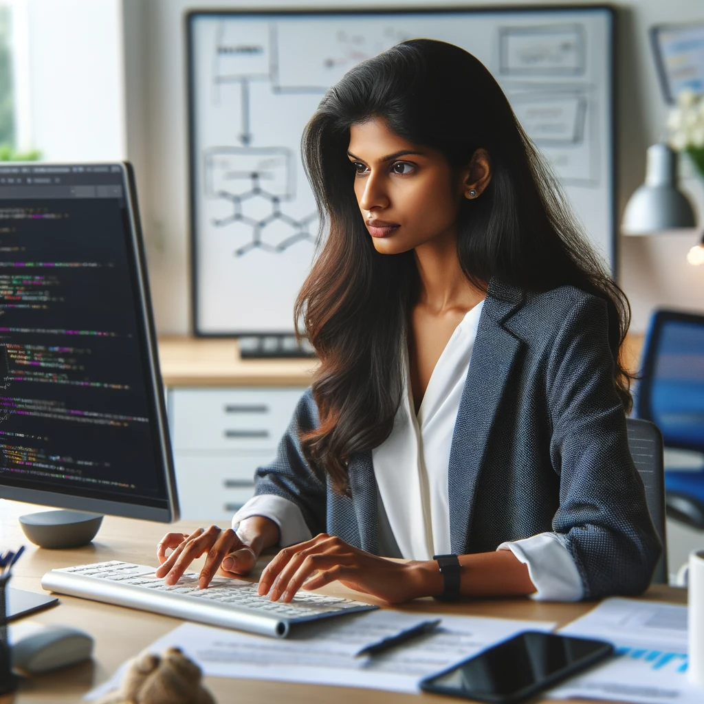 An Indian woman engineer in a contemporary office, intently focusing on her computer screen which displays code for automating software tests using UFT Functional Testing She is